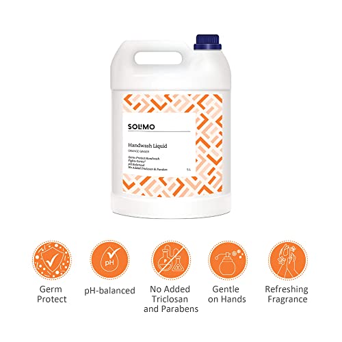 Amazon Brand - Solimo Liquid Handwash, Refill Can | Orange Ginger | 5 Litre | Fights Germs | pH-Balanced Formula | No Added Triclosan & Paraben