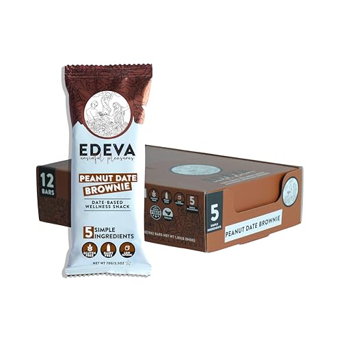 EDEVA Unsinful Pleasures Date Based Wellness Snack Barts, 2.5oz bar - 12 Count (Peanut Date Brownie)