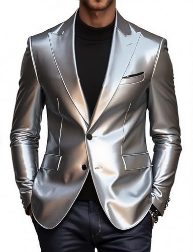 Men's Silver Leather Blazer,Single-Breasted,2 Buttons,Sharp Tailored Fit,Modern Lapel,Formal,Stylish