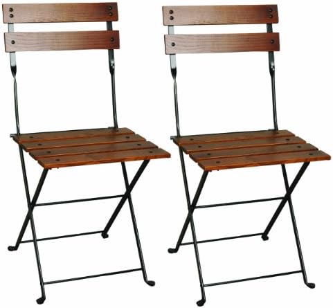 Mobel Designhaus French Café Bistro Folding Side Chair, Jet Black Frame, European Chestnut Wood Slats with Walnut Stain (Pack of 2)