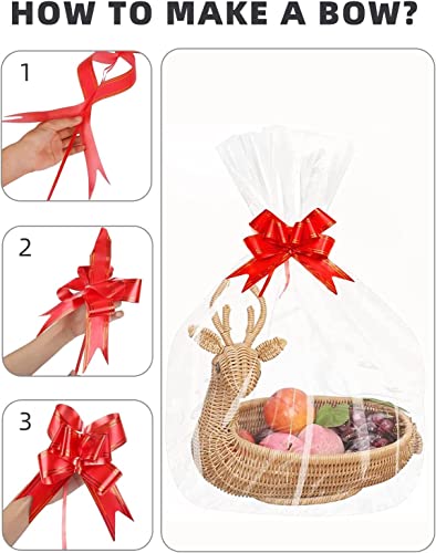 JOYIT 50PCS Large Cellophane Wrap for Gift Baskets, 18x30 Inch Clear Cellophane Bags with 50 Red Bows, 3 Mil Thicker Cellophane Gift Bags for Gift Basket Wrap, Gift Giving