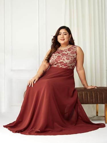 Image of Miss Chase A+ Women's Round Neck Sleeveless Georgette Floral Lace Fit & Flare Maxi Dress