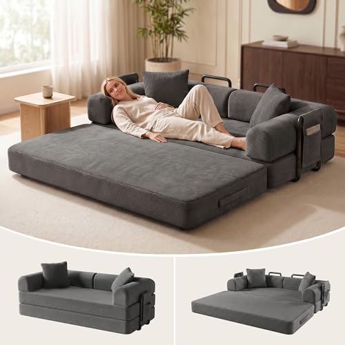 POWERFUEL 5-in-1Convertible Sofa Bed, 79" Compressed Sofa,Corduroy Boneless Couch with Pillow, Comfy Modular Foldable Floor Sleeper Sofa for Bedroom, Living Room, Lounge, Studio,1200 lbs Capacity