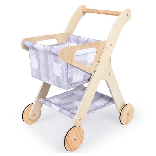 FIOBEE Shopping Cart for Kids Toy Shopping Cart with Basket Wooden Baby Toys, Kids Grocery Cart for Boys Girls Pretend Play Grocery Store, Elephant