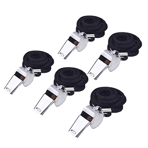 LIOOBO 5 peças de apitos de aço inoxidável para treinamento, apitos de metal com cordão para funcion