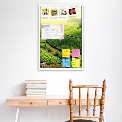 Image of ArtzFolio Tea Plantations, Munnar, Kerala | Bulletin Board Notice Pin Board | Vision Soft Board Combo with Thumb Push Pins & Sticky Notes | White Frame | 20 x 30 inch (51 x 76 cms)