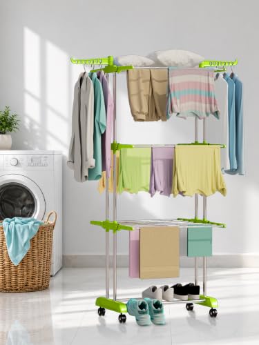 LIVINGBASICS 3 Layer Clothes Drying Stand/Cloth Dryer Stand, Lime Green