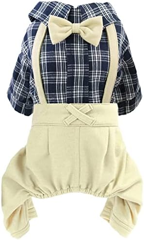 Pet Clothes Dog Shirts Classic Plaid Striped Overall Jumpsuit, Gentle Puppy Wedding Birthday Western Onesies Apparel, Fashion Daily Outfit with Bowtie for Dogs and Cats (Medium, Khaki)