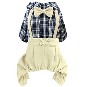 Pet Clothes Dog Shirts Classic Plaid Striped Overall Jumpsuit Gentle Puppy Wedding Birthday Western Onesies Apparel Fashion Daily Outfit with Bowtie for Dogs and Cats Medium Khaki