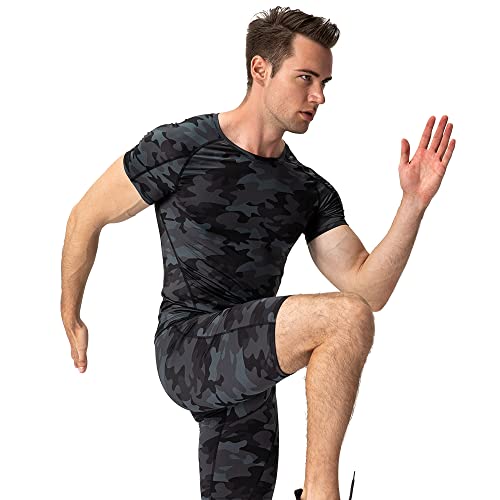 Cici Five Men's Compression Shirt Short Sleeve Athletic Compression Tops Cool Dry Undershirts Baselayer Gym Workout T Shirt Camo Black #TOP2
