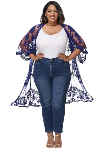 Image of Anna-Kaci Women's Plus Size Lace Cardigan Embroidered Long Kimono Dusters with Half Sleeves