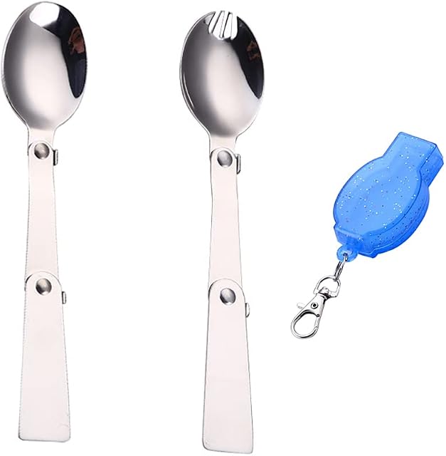 OMIGA 2 Pieces Camping Spoon Fork Folding Tableware Stainless Steel with Blue Case Portable Cutlery Use for Outdoor Camping and Hiking Travel Picnic Utensils Various Occasions (16*3.45CM)