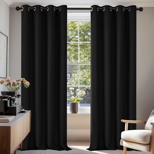 Deconovo Thermogardine Blickdicht mit Ösen Verdunklungsvorhänge Schwarz | 2er Set, H210 x B140 cm, Thermogardine Wärmeisolierend, für Wohnzimmer, Schlafzimmer Gardinen, Thermal Cur