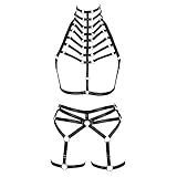 Women's Punk Body Harness Lingerie Full Waist Garter Belts Set Strappy Frame Cage Rave bras (Black O8+P4)