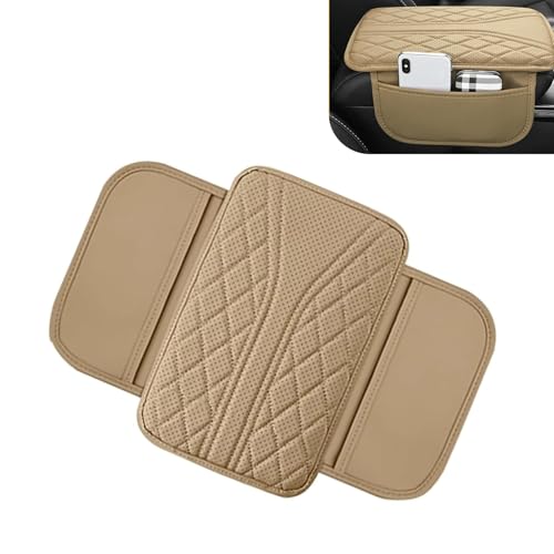 Bawkars Car Center Console Cover, Leather Vehicle Armrest Protector Cushion with 2 Side Storage Bags, Auto Breathable Middle Interior Accessories, Universal for SUV, Sedan, Truck (Beige)