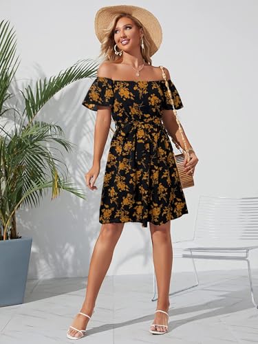 Image of Off Shoulder Ruffle Dress for Women, A-Line Mini Dress with Belt, Fitted Bust Summer Wedding Guest Dress