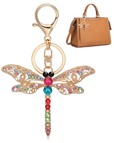 Liobelon Sparkling Dragonfly Keychain Crystal Rhinestone Charm Cute Keychain for Women for Purse Wallets Backpacks Handbags (color)