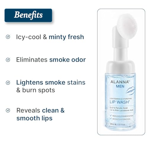 Image of ALANNA Lip Wash for Men | Advanced Foaming Lip Scrub & Exfoliator for Dry, Dark & Lip Pigmentation | Remove Chapped Lips & Sun Tan | 1% PHA & .5% Ferulic Acid - Brightening Lip Care for Smokers, 30ml