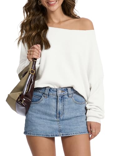 FAlABLE Womens Sweater Off Shoulder & Boat Neck Oversized Long Sleeve Pullover Cozy Knit Fall Winter Casual Tops Solid White Medium