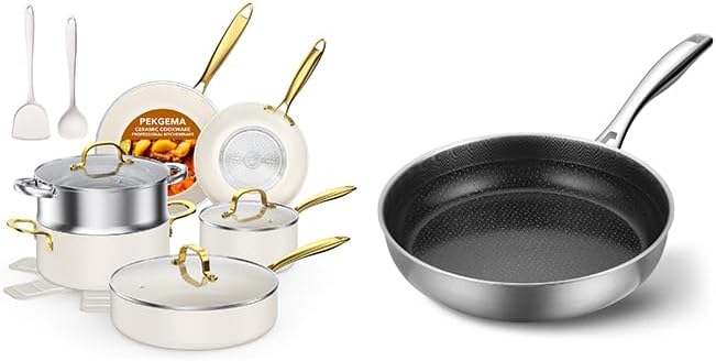 PekGema Ollas y sartenes de cerámica antiadherentes, 15 unidades y sartén antiadherente de cerámica Hybird de 10 pulgadas