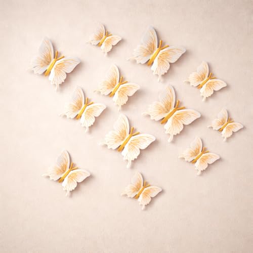 Image of CraftVatika 3D Butterfly Wall Stickers for Home Decor with Sticking Pads 12 Pieces | White Gold DIY Butterfly Wall Decoration for Living Room Bedroom Kids Room | Home Decoration Ornament for Door