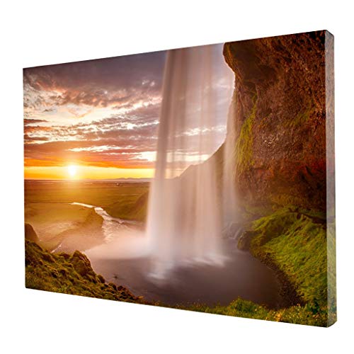 NicheCanvas - Sunset Over Seljalandsfoss Waterfall, 18x12 Gallery Wrap, Ready to Hang Wall Art, Handcrafted Canvas Prints, Home and Office Decor