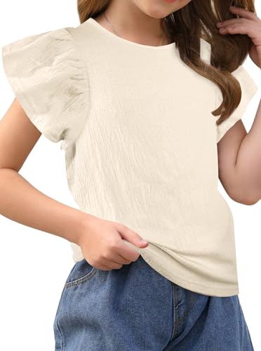 Image of Girls Ruffle Sleeve Shirt Crew Neck Textured Summer Cute Tops Dressy Blouse Light Beige 7-8 Years