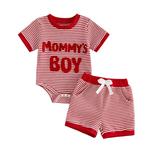 Himllauen 2Pcs Baby Boy Outfit, Infant Newborn Boy Summer Clothes Set, Short Sleeve Letter Embroidery Romper + Elastic Waist Short (Red A, 0-3 Months)