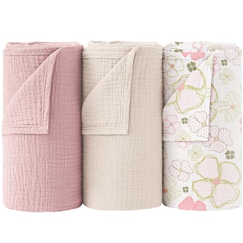 Image of Bearmoss Muslin Swaddle Blankets 100% Cotton Large Baby Swaddle Blankets 47x47in, Super Soft Breathable Receiving Blankets for Unisex Baby Boys Girls (Pink Flower)