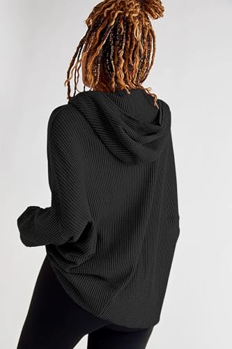 Image of Womens Fashion Zip Up Hoodies Oversized Waffle Knit Jacket Shirts Long Sleeve Solid Shacket Blouse with Pockets