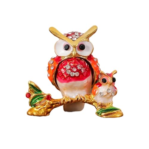 FLYuechun Ranan 1.97 * 1.77inch Fashionable Owl Jewelry Box Ornament, European-style Metal Craft, Light Luxury Retro Desktop Jewelry Box Ornament (4015 red)