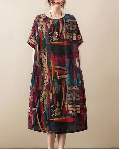 Image of LUZU JUNU Women's Summer Baggy Plus Size Loose Cotton Linen Long Boho Beach Dress with Pockets