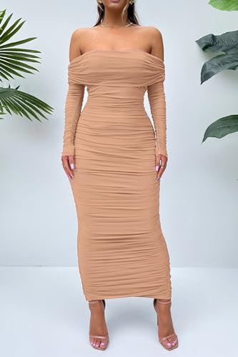 Prettygarden Women'S Fall Off Shoulder Maxi Bodycon Dress Long Sleeve Ruched Fitted Club Dresses With Slit thumb #3