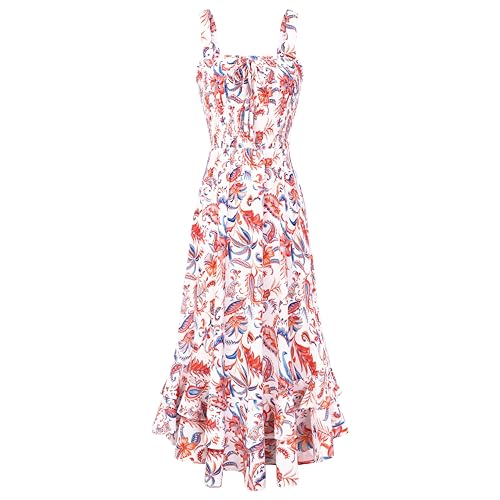 GRACE KARIN Robe longue d'été à bretelles florales pour femme, col carré, ourlet double couche, smocké, Cachemire blanc et orange, M