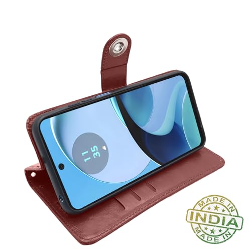 Image of Pikkme Flip Cover Leather Finish | Inside TPU with Card Pockets | Wallet Stand and Shock Proof | Complete Protection Button Flip Case for Moto G14(Brown)