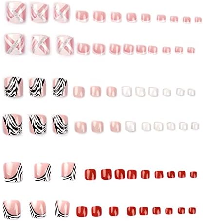 Press on Toenails 3 Pack (72 PCS) Square Short Full Cover Fake Toenails Pink Geometric Leopard Print Toe Nails Fake Nails with Glue Sticker and Nails File False Gel Toes Nails Tips Sets for women Teens Girls