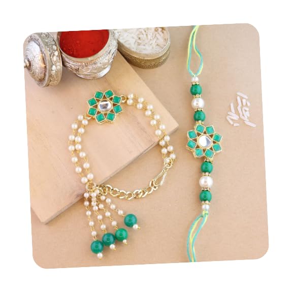 Image of I Jewels Designer Kundan & Pearl Hanging Bhaiya Bhabhi Lumba Rakhi Combo Set For Rakshabandhan (R108-CO)