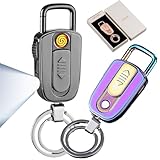 2pcs キーホルダーシガーライター、静音充電式ライター、防風ライター，防風電子ライター ミニポータブルキーホルダーライター ペンダント USB充電式シガーライター 男性へのギフト スリーインワン多機能ライター、サイレントタングステンフレーム/LED照明/Type-C急速充電/キーホルダー 墓参り用ライター タバコの箱に入れられるポータブルライター(Gray+purple)