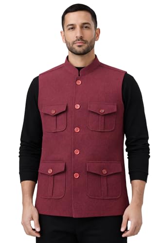 Image of LATEST CHIKAN Men's Nehru Jacket | Ethnic Waistcoat with Mandarin Collar | Premium Textured Fabric | Party, Wedding