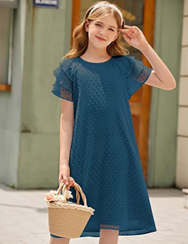 Flypigs Girls Summer Dress Ruffle Swiss Dots Short Sleeve Skater Dress Mint Green 12-13 Years #TOP1