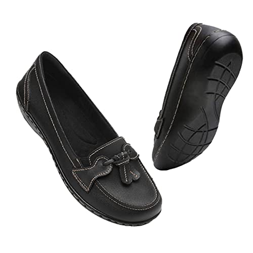 Qznonmer Women Tassel Loafers Casual Slip-On Cmofort Backless Flats Leather Platform Dress Shoes For Ladies Girls #TOP1