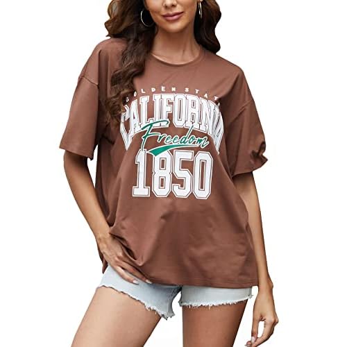 YIJIU Women's Graphic Oversized T Shirts Letter Print Short Sleeve Loose Casual Summer Tops X-Small Brown