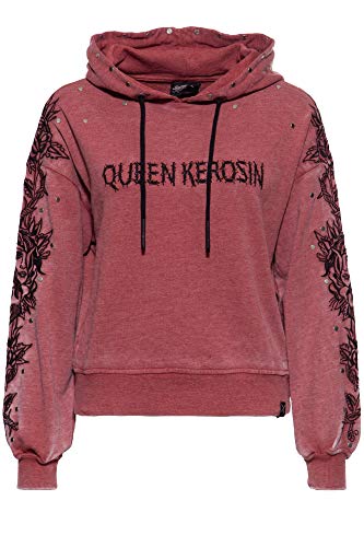 Queen Kerosin Sweat à capuche pour femme - Broderie de qualité supérieure - Détails rivetés - Coupe Boyfriend - Rose Face - Rouge - X-Small