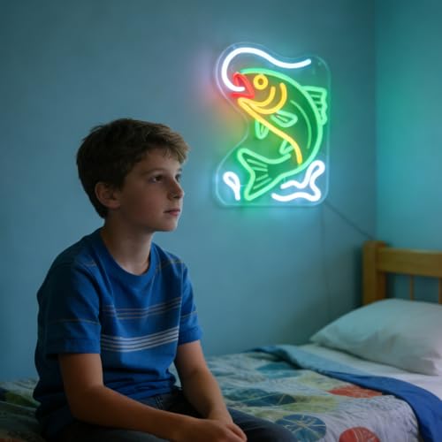 Fishing Neon Sign, Dimmable Fish LED Light for Wall Decor, 15.1x11.5 Inches by Ymmifts - Used condition - Image 7