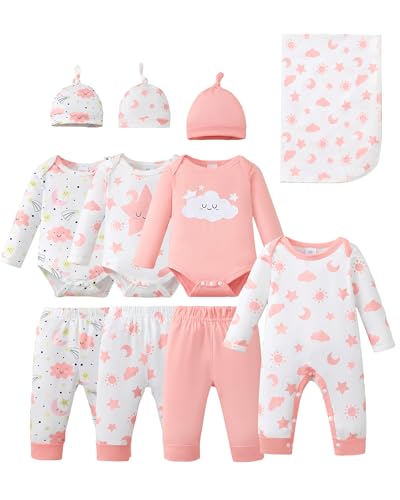 Image of Renotemy Baby Girl Newborn Essentials Clothes 11-Piece Layette Set with Bodysuits, Pants, Hats, Blanket-Infant Gift Outfits
