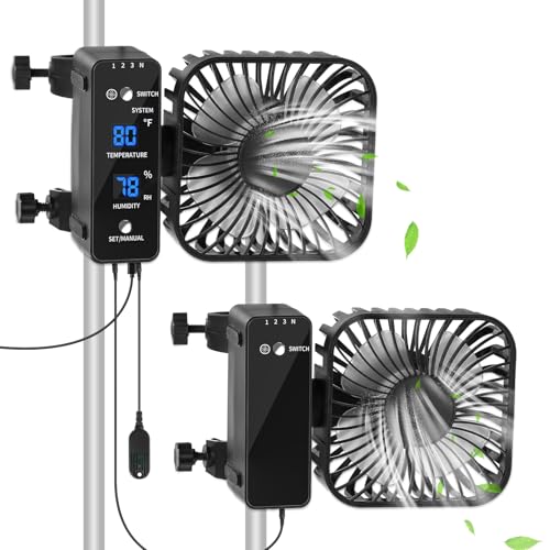 DAOTAILI 2-Pack 4” Grow Tent Fan With Temperature And Humidity Meter,Automatic Humidity Control,Oscillating Fan For Hydroponic Ventilation Circulation With Clips,Adjustable Speed Quiet Greenhouse