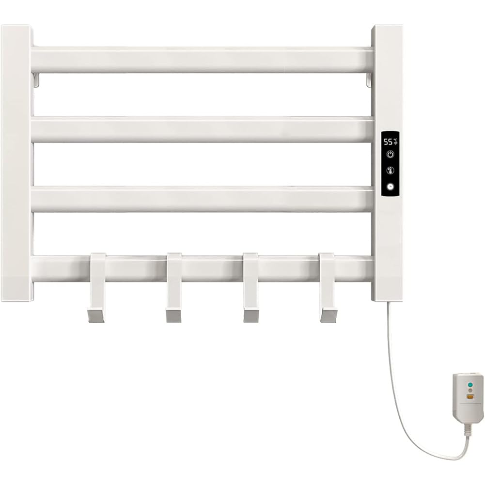 MegLob80W Electric Towel Warmer, 4 Heated Bars Wall Mounted Electric Towel Dryer, 550 * 350Mm, Aluminum Alloy Towel Heating Rack, Electric Towel Warmer Radiator with Hooks, with Timer,White
