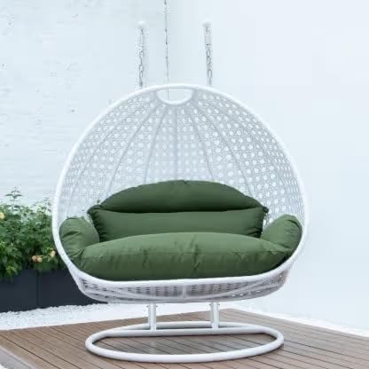Image of Double Seater Hammock Swing Chair with Stand & Cushion | Heavy Duty Powder Coated Steel Frame | Outdoor Indoor Hanging Swing for Patio Balcony Garden Terrace Living Room (White-Dark.Green)