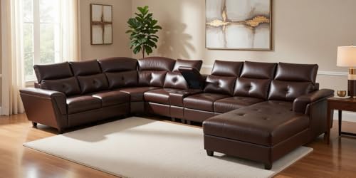 Image of Mishel 12 Seater Sofa Set for Living Room | Sectional U Shaped 12 Seater Sofa with Storage & Cupholder (Brown Leatherette, RHS)