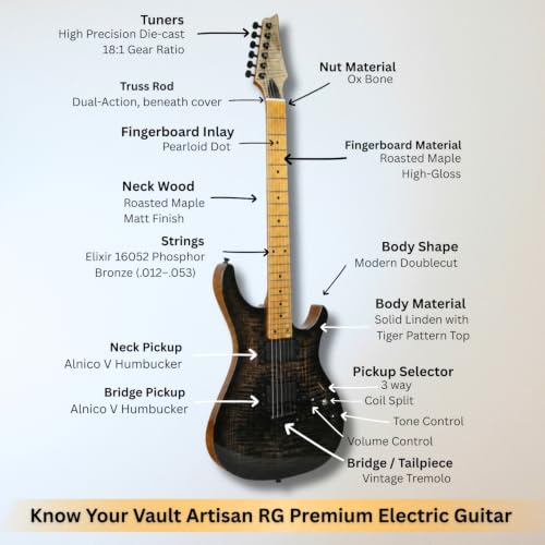 Image of Vault Artisan RG Premium Electric Guitar with Dual Alnico V Humbuckers - Roasted Maple Neck & Fretboard /Transparent Black Fade Flame Burst